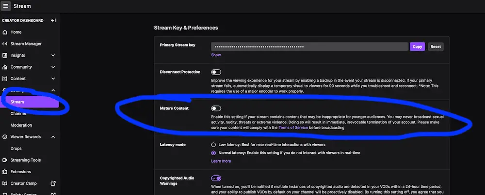 how to turn on mature content filter on twitch