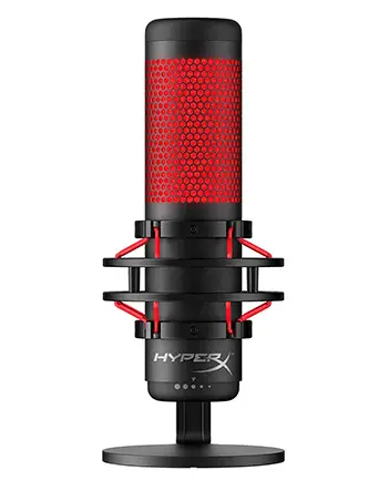 Close up of the HyperX Quadcast streaming microphone