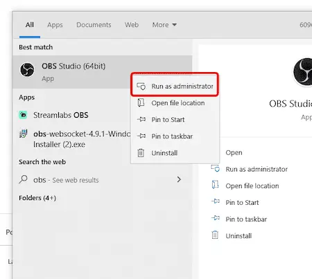 Run OBS as Admin on Windows 10