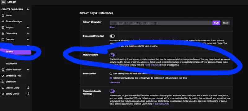 how to turn off mature content setting on twitch